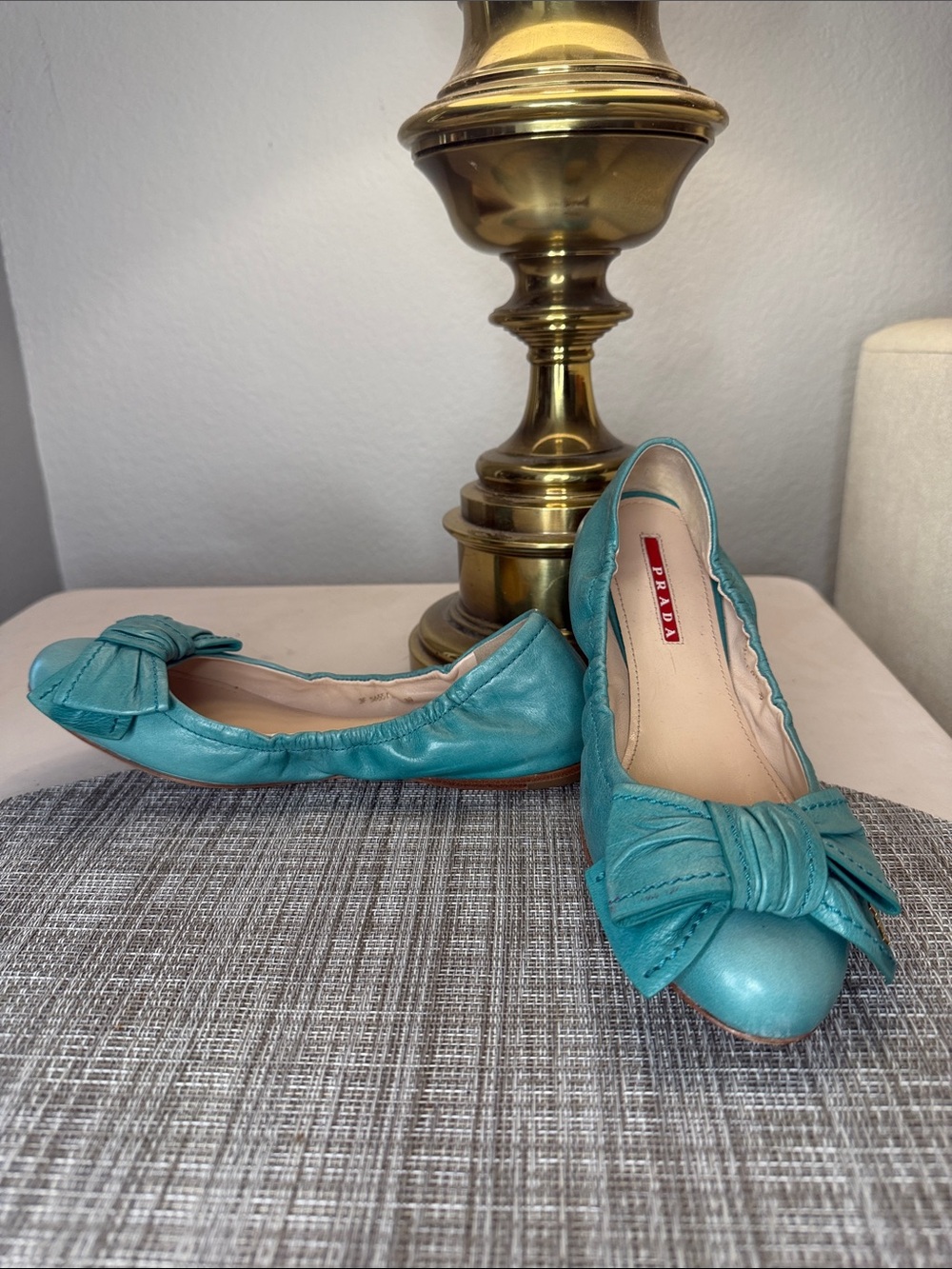 Prada Teal Leather Bow Ballet Flats
